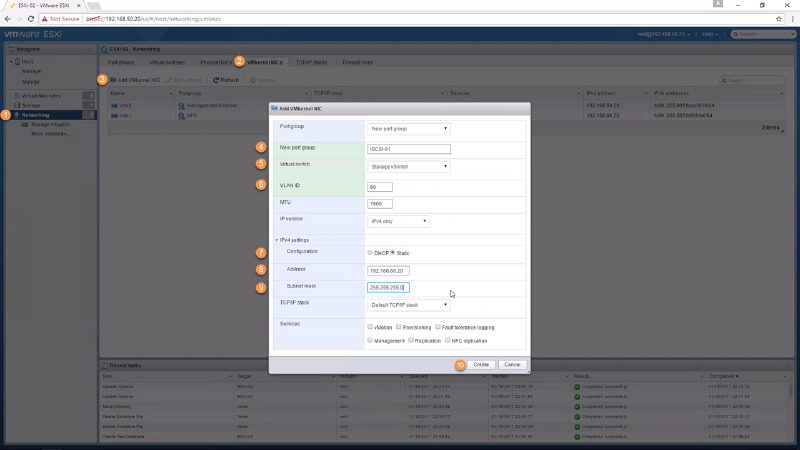 A screenshot of the VMware ESXi interface displaying the &ldquo;Add VMkernel NIC&rdquo; settings. The window includes options for port group, virtual switch, VLAN ID, MTU, IP version, and IPv4 settings, including address and subnet mask. The &ldquo;Create&rdquo; and &ldquo;Cancel&rdquo; buttons are visible at the bottom.