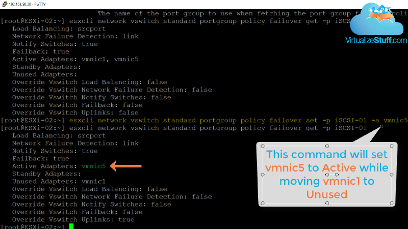 Screenshot of a terminal displaying ESXi network configuration commands. The command shown will set &ldquo;vmnic5&rdquo; to active and move &ldquo;vmnic1&rdquo; to unused. An arrow points to &ldquo;vmnic5,&rdquo; and a note explains the command&rsquo;s effect.