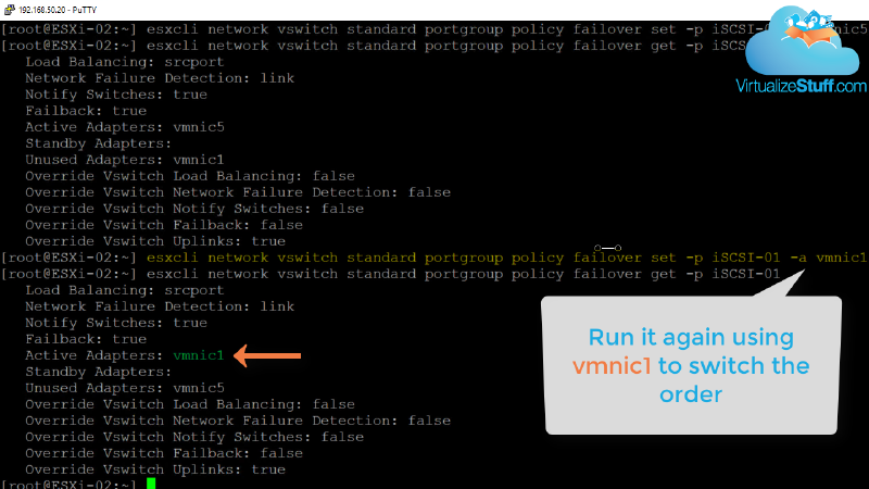 Screenshot of a terminal displaying ESXi network configuration commands. It highlights changing the active adapter to . A speech bubble suggests running the command again to switch the order using . The VirtualizeStuff.com logo is in the top right corner.