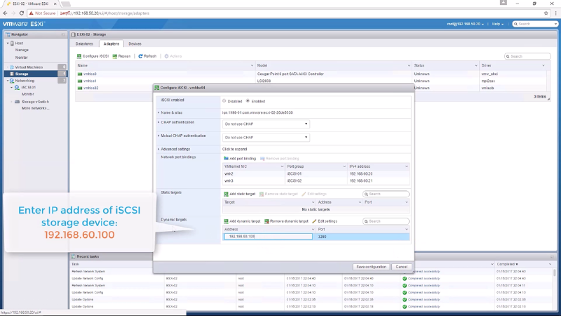 Screenshot of a VMware ESXi interface showing iSCSI configuration settings. The dialog box displays options for enabling iSCSI, server identification, and network settings. The image highlights where to enter the IP address of an iSCSI storage device, set to 192.168.60.100.