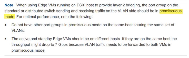 Instructions for using Edge VMs on an ESXi host with Layer 2 bridging. It emphasizes setting the VLAN side port group to promiscuous mode and includes recommendations for performance regarding the use of other port groups and VM host placement.