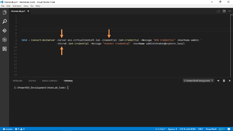 Screenshot of Visual Studio Code displaying a PowerShell script named &ldquo;HomeLab.ps1&rdquo; in the editor. The script connects to an NSX server using the command  with credentials prompted for NSX and vCenter. Arrows highlight parts of the script. The terminal is shown below with no output.