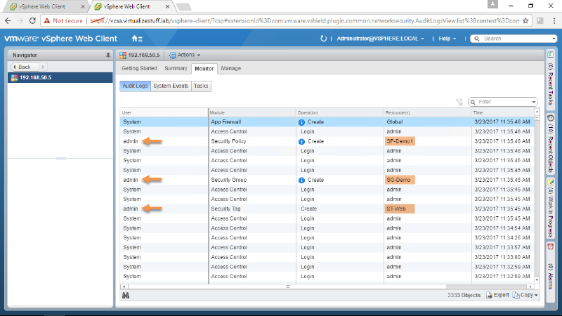 A screenshot of the VMware vSphere Web Client showing the &ldquo;Audit Logs&rdquo; tab under &ldquo;Monitor.&rdquo; The log displays various user activities, focusing mainly on &lsquo;System&rsquo; and &lsquo;admin&rsquo; users with operations like &lsquo;Create&rsquo; and &lsquo;Login&rsquo; across different modules such as &lsquo;App Firewall&rsquo; and &lsquo;Access Control.&rsquo; The timestamps are from March 23, 2017.