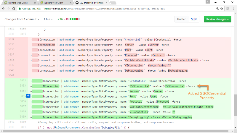 A GitHub pull request diff showing changes to a code file. Lines removed are highlighted in red, while added lines are in green. A new property, &ldquo;SSOCredential,&rdquo; has been added, as indicated by an orange arrow and text annotation.