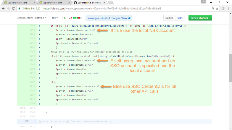 Screenshot of a GitHub webpage showing code changes related to NSX and SSO credentials. It includes conditional statements with comments explaining when to use local NSX account or SSO credentials. The interface displays a split view with added lines highlighted in green and arrows pointing to specific lines of code.