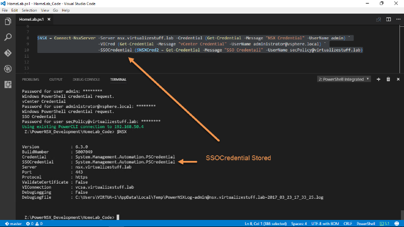 A Visual Studio Code interface showing a PowerShell script for connecting to an NSX server. The script includes credential requests for NSX, vCenter, and SSO. An arrow labeled &ldquo;SSOCredential Stored&rdquo; highlights a section in the terminal output, indicating successful credential handling and an existing PowerCLI connection.