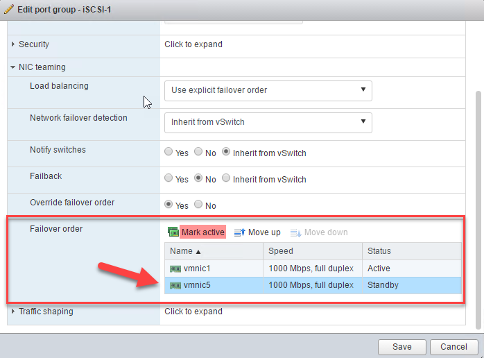 Image showing the &ldquo;Edit port group - iSCSI-1&rdquo; settings in a network configuration interface. The focus is on the &ldquo;Failover order&rdquo; section, where &ldquo;vmnic1&rdquo; is active and &ldquo;vmnic5&rdquo; is on standby, both with 1000 Mbps, full duplex connection.