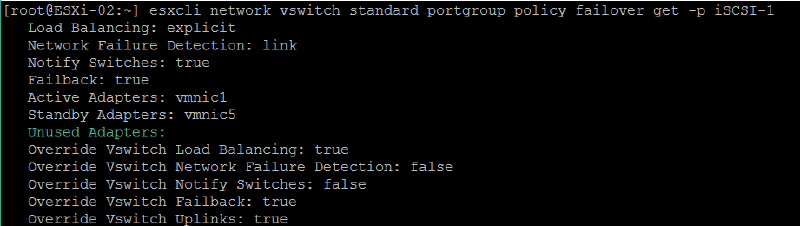 Terminal output showing ESXi network vSwitch settings for portgroup policy failover. Details include load balancing set to explicit, network failure detection to link, active adapter as vmnic1, standby adapter as vmnic5, and several override settings.