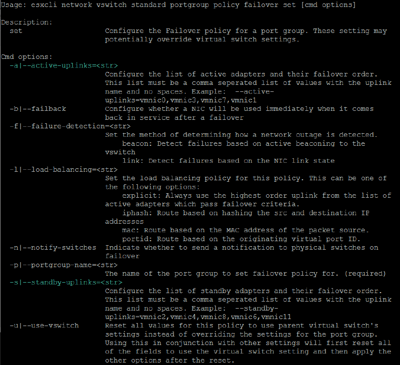 Text showing command options for configuring the failover policy of a port group using  in vSwitch. Options include settings for active uplinks, failback, failure detection, load balancing, notifying switches, portgroup name, standby uplinks, and using vSwitch settings.