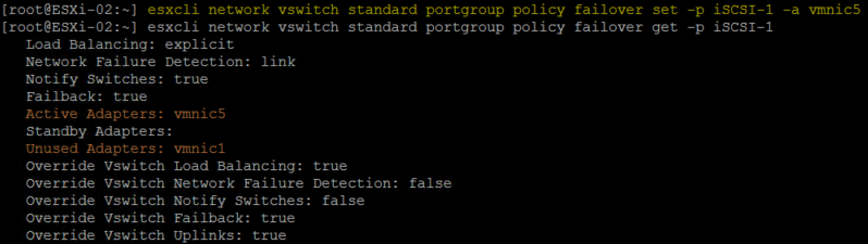 Command-line window showing configuration of a vSwitch standard portgroup policy in ESXi, displaying load balancing, network failure detection, active and unused adapters, and override settings.