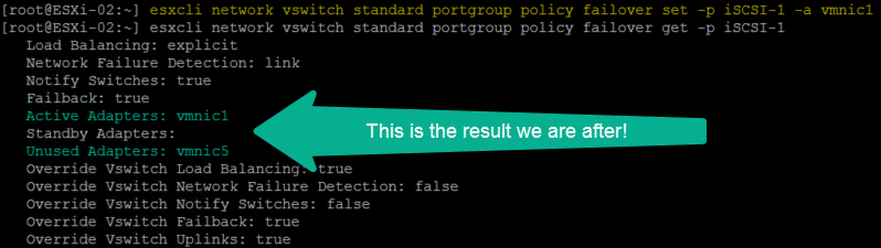 Terminal screenshot showing command results for configuring network vswitch settings, with &ldquo;vmnic1&rdquo; as an active adapter. A turquoise arrow points to the text, &ldquo;This is the result we are after!&rdquo;